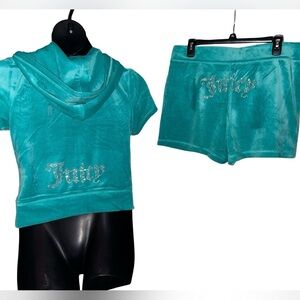 JUICY COUTURE BLING RHINESTONE VELOUR COASTAL TEAL SHORT-SLEEVE & SHORT SET NWT